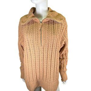 Aerie Womens Cable Car Quarter Zip Side Slit Sweater Size M Fall Boho Camel EUC